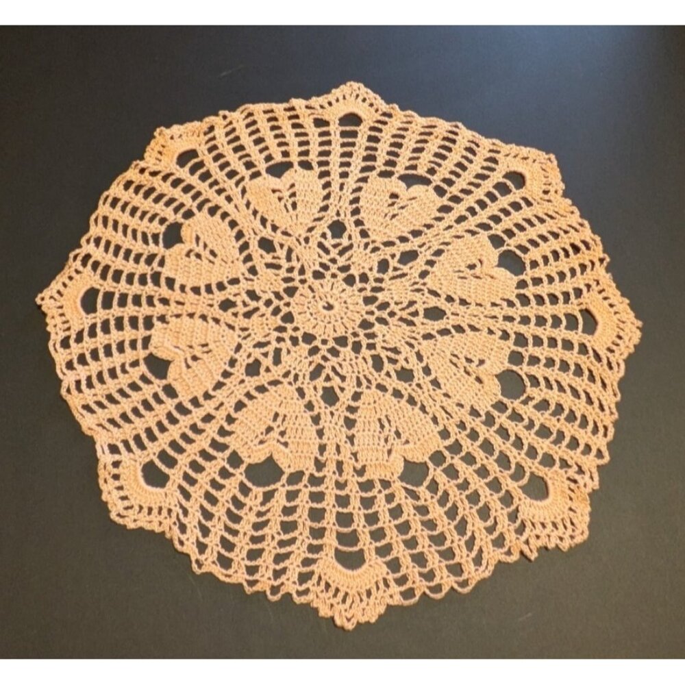 Handmade Round Doily Crochet Hearts Peach Orange Cotton Thread 14"